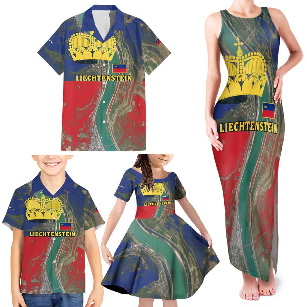 Liechtenstein Family Matching Tank Maxi Dress and Hawaiian Shirt with Red Blue Aerial River Design and Yellow Crown Emblem - Wonder Print Shop