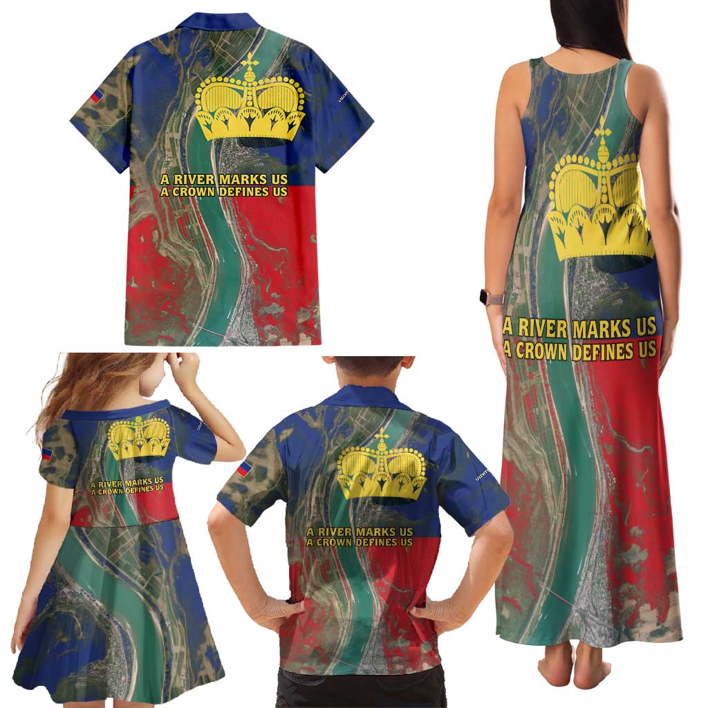 Liechtenstein Family Matching Tank Maxi Dress and Hawaiian Shirt with Red Blue Aerial River Design and Yellow Crown Emblem - Wonder Print Shop
