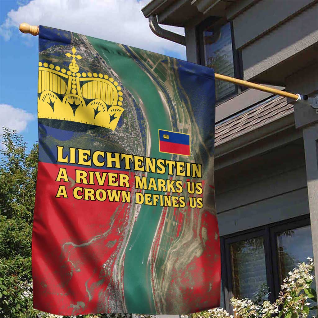 Liechtenstein Garden Flag with Red Blue Aerial River Design and Yellow Crown Emblem - Wonder Print Shop