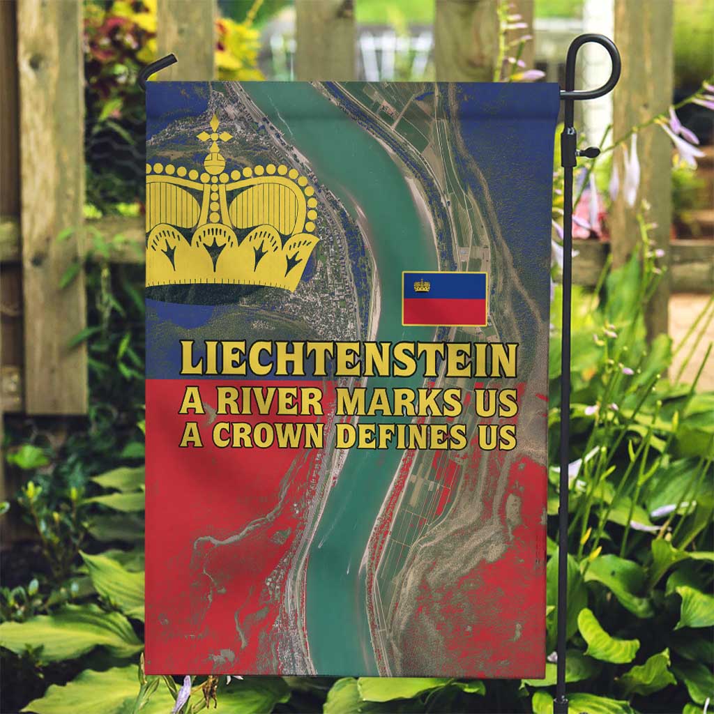 Liechtenstein Garden Flag with Red Blue Aerial River Design and Yellow Crown Emblem - Wonder Print Shop