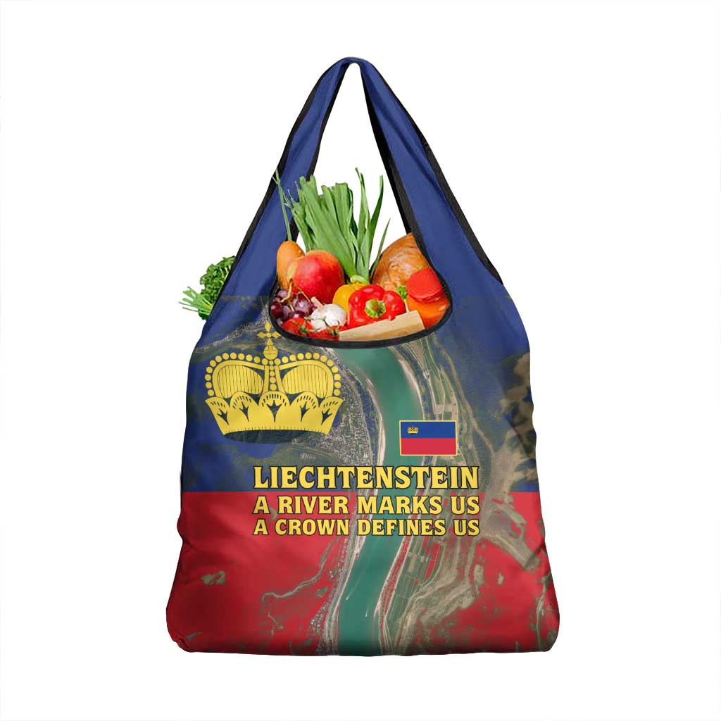 Liechtenstein Grocery Bag with Red Blue Aerial River Design and Yellow Crown Emblem - Wonder Print Shop