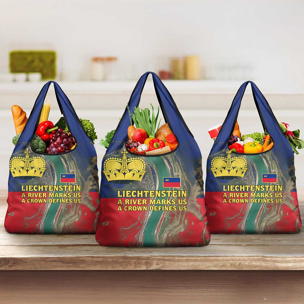 Liechtenstein Grocery Bag with Red Blue Aerial River Design and Yellow Crown Emblem - Wonder Print Shop