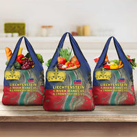 Liechtenstein Grocery Bag with Red Blue Aerial River Design and Yellow Crown Emblem - Wonder Print Shop
