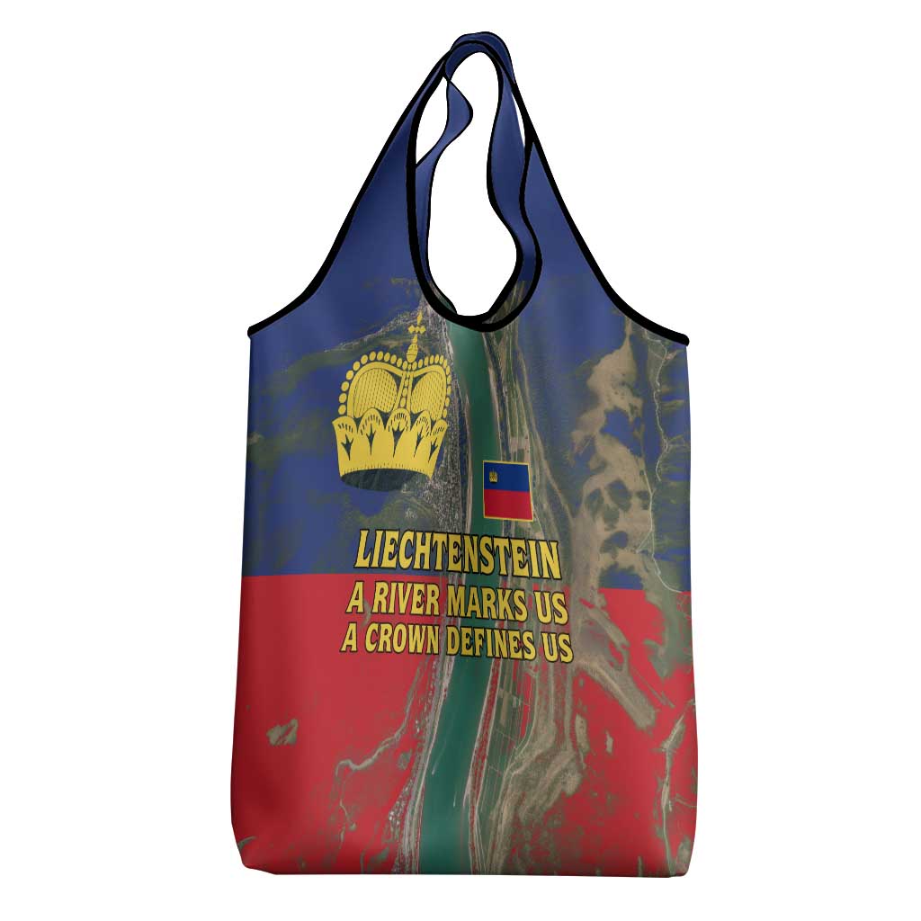 Liechtenstein Grocery Bag with Red Blue Aerial River Design and Yellow Crown Emblem - Wonder Print Shop