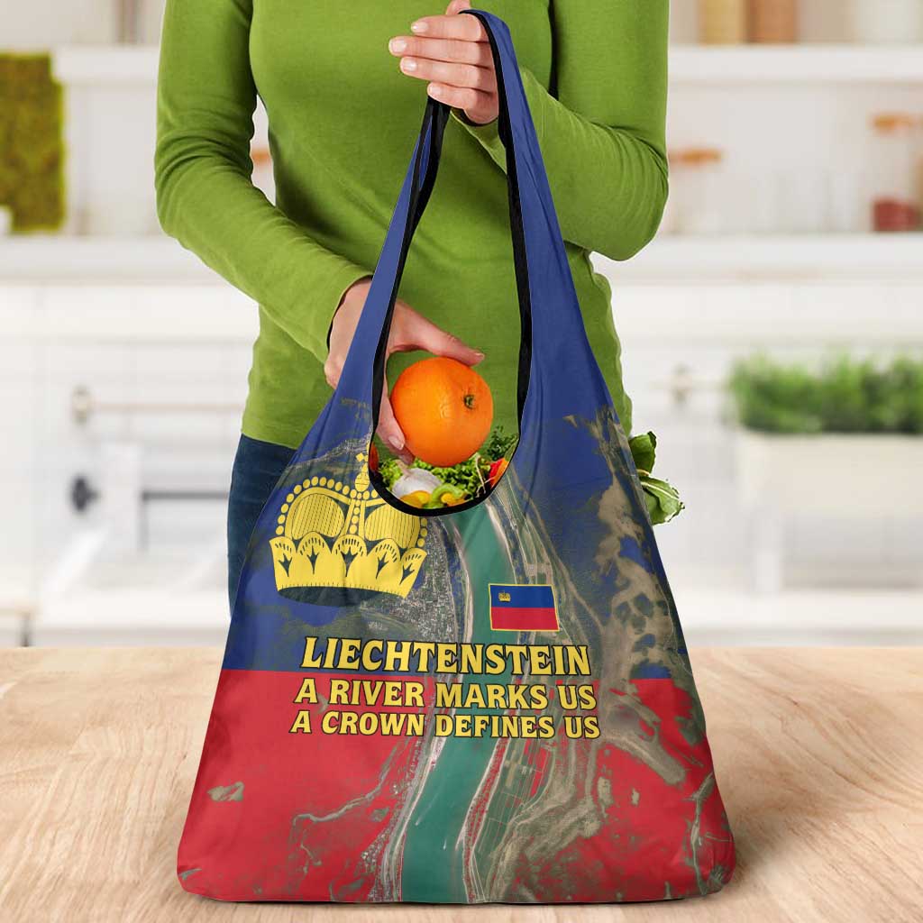 Liechtenstein Grocery Bag with Red Blue Aerial River Design and Yellow Crown Emblem - Wonder Print Shop