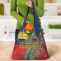 Liechtenstein Grocery Bag with Red Blue Aerial River Design and Yellow Crown Emblem - Wonder Print Shop