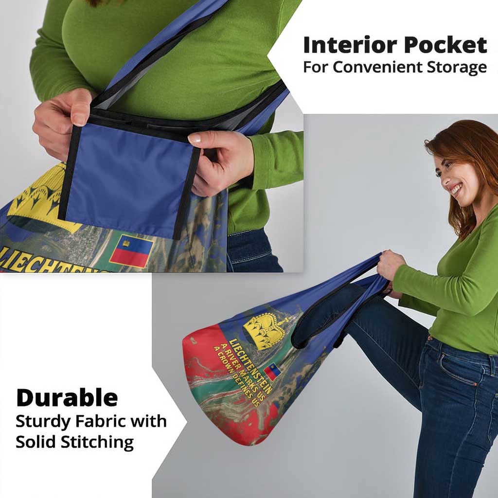 Liechtenstein Grocery Bag with Red Blue Aerial River Design and Yellow Crown Emblem - Wonder Print Shop