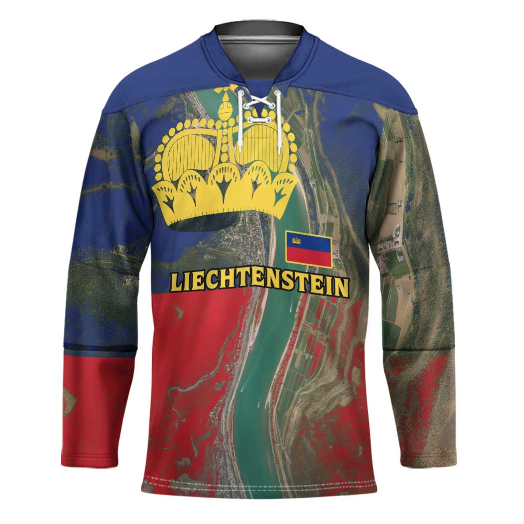 Liechtenstein Hockey Jersey with Red Blue Aerial River Design and Yellow Crown Emblem - Wonder Print Shop