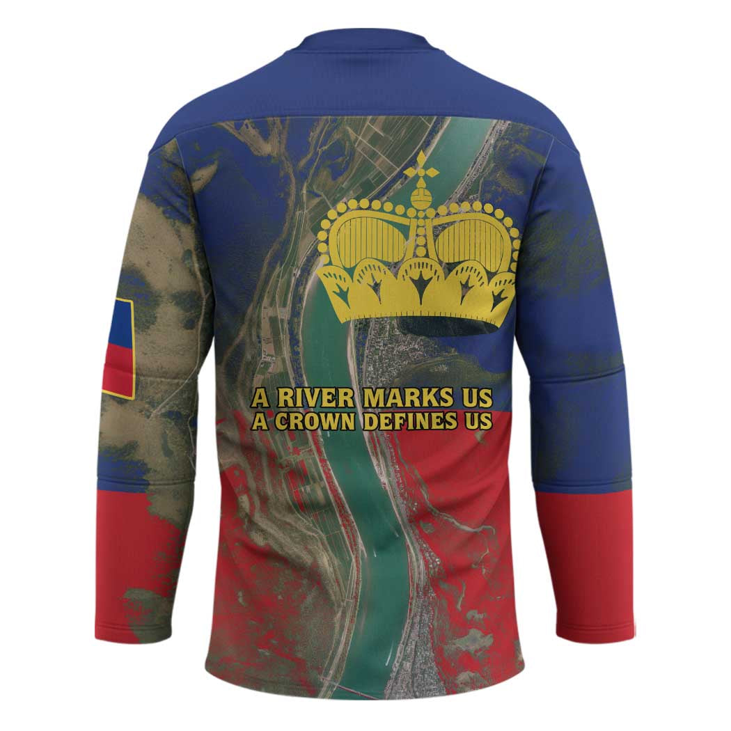 Liechtenstein Hockey Jersey with Red Blue Aerial River Design and Yellow Crown Emblem - Wonder Print Shop