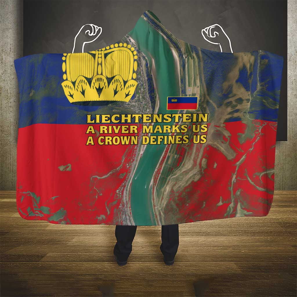 Liechtenstein Hooded Blanket with Red Blue Aerial River Design and Yellow Crown Emblem - Wonder Print Shop