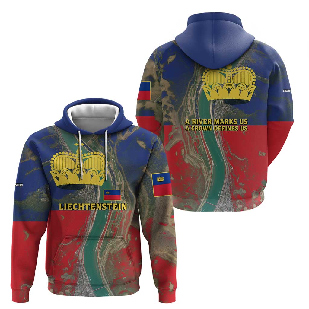 Liechtenstein Hoodie with Red Blue Aerial River Design and Yellow Crown Emblem - Wonder Print Shop