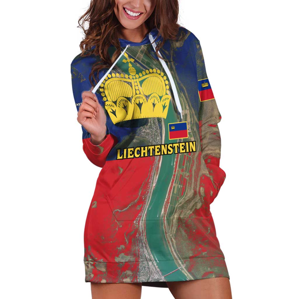 Liechtenstein Hoodie Dress with Red Blue Aerial River Design and Yellow Crown Emblem - Wonder Print Shop
