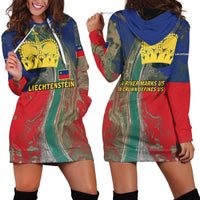 Liechtenstein Hoodie Dress with Red Blue Aerial River Design and Yellow Crown Emblem - Wonder Print Shop