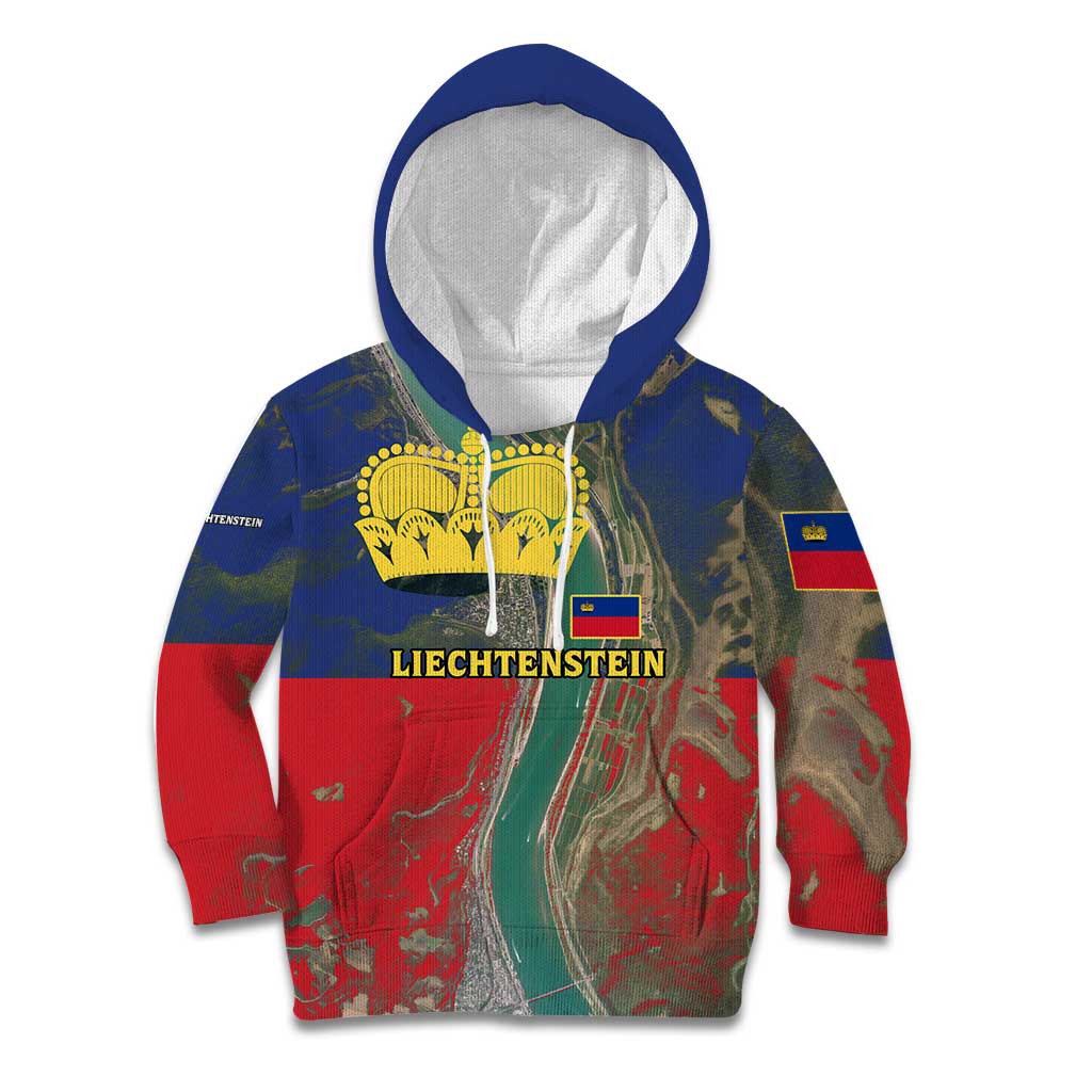 Liechtenstein Kid Hoodie with Red Blue Aerial River Design and Yellow Crown Emblem - Wonder Print Shop