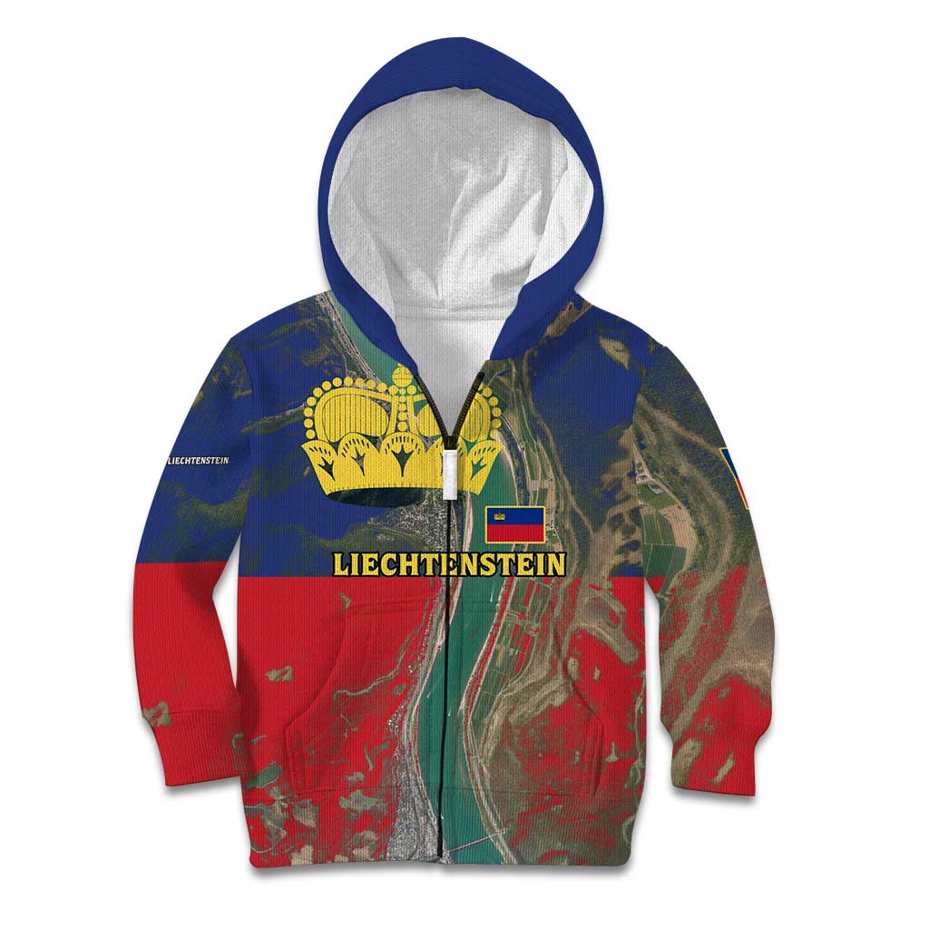 Liechtenstein Kid Hoodie with Red Blue Aerial River Design and Yellow Crown Emblem - Wonder Print Shop