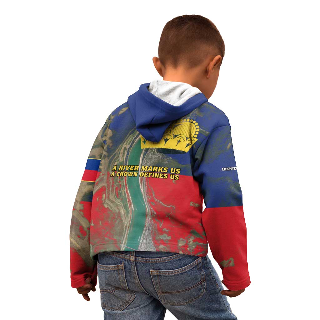 Liechtenstein Kid Hoodie with Red Blue Aerial River Design and Yellow Crown Emblem - Wonder Print Shop