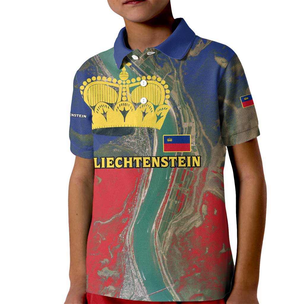 Liechtenstein Kid Polo Shirt with Red Blue Aerial River Design and Yellow Crown Emblem - Wonder Print Shop