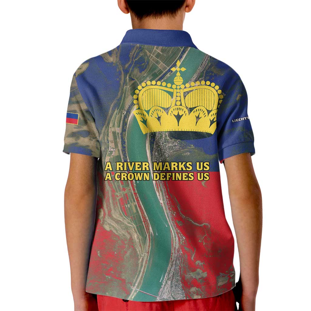 Liechtenstein Kid Polo Shirt with Red Blue Aerial River Design and Yellow Crown Emblem - Wonder Print Shop