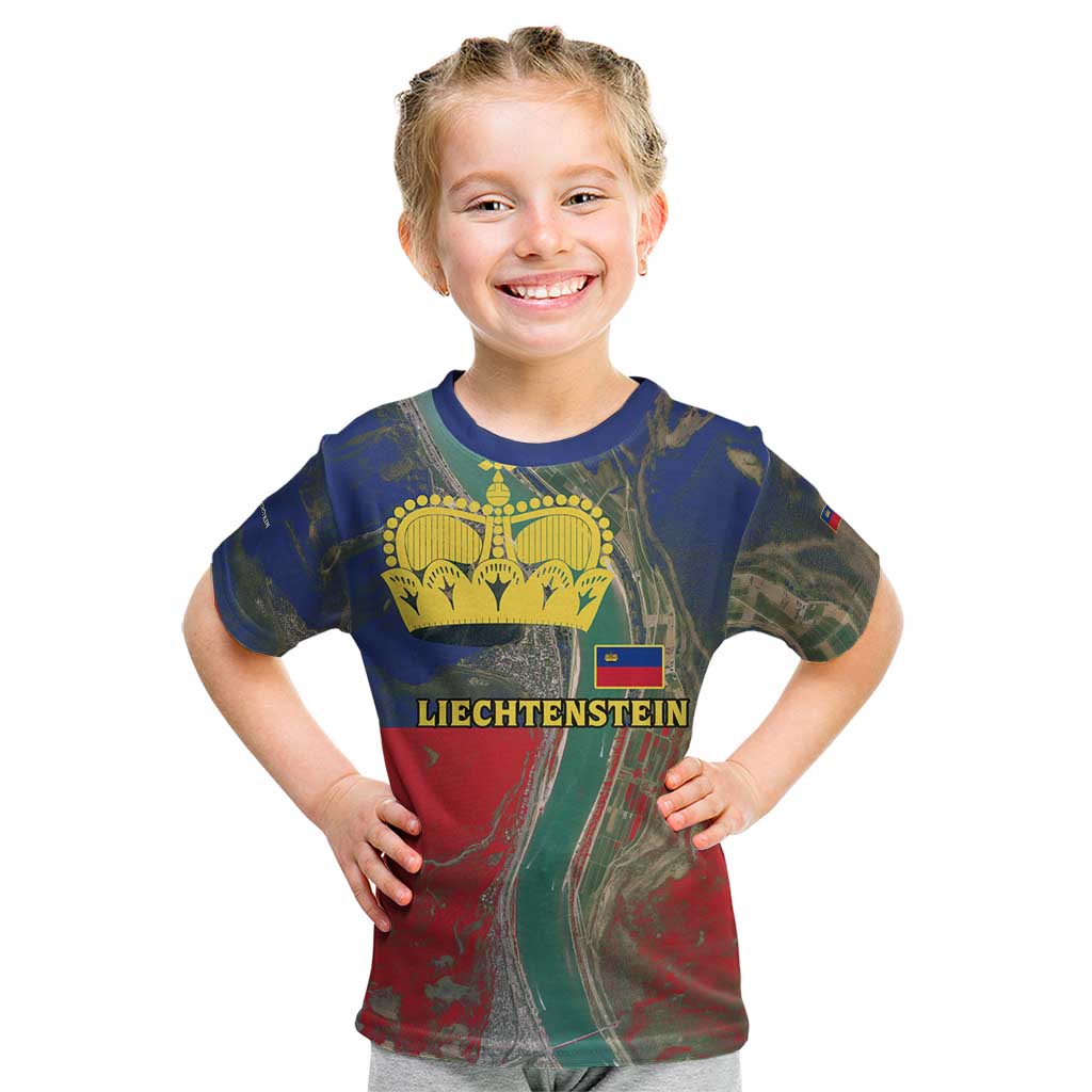 Liechtenstein Kid T Shirt with Red Blue Aerial River Design and Yellow Crown Emblem - Wonder Print Shop