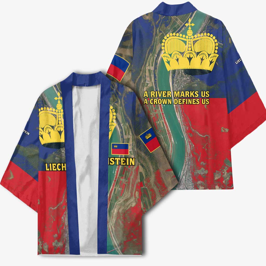 Liechtenstein Kimono with Red Blue Aerial River Design and Yellow Crown Emblem - Wonder Print Shop