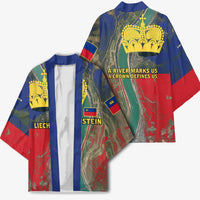 Liechtenstein Kimono with Red Blue Aerial River Design and Yellow Crown Emblem - Wonder Print Shop