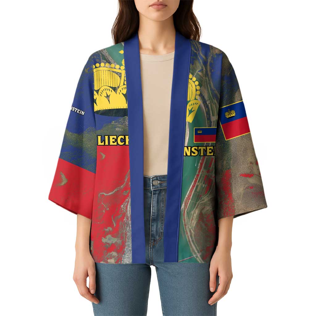 Liechtenstein Kimono with Red Blue Aerial River Design and Yellow Crown Emblem - Wonder Print Shop