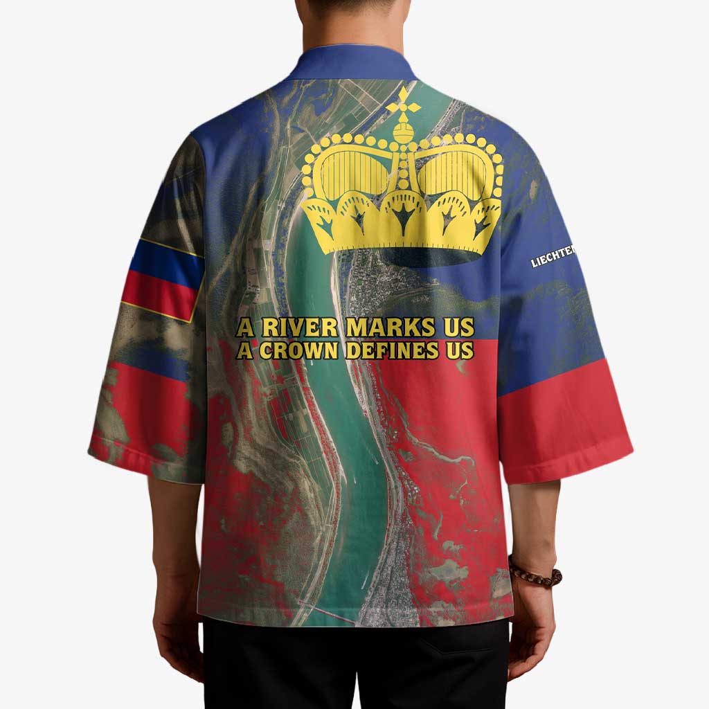 Liechtenstein Kimono with Red Blue Aerial River Design and Yellow Crown Emblem - Wonder Print Shop