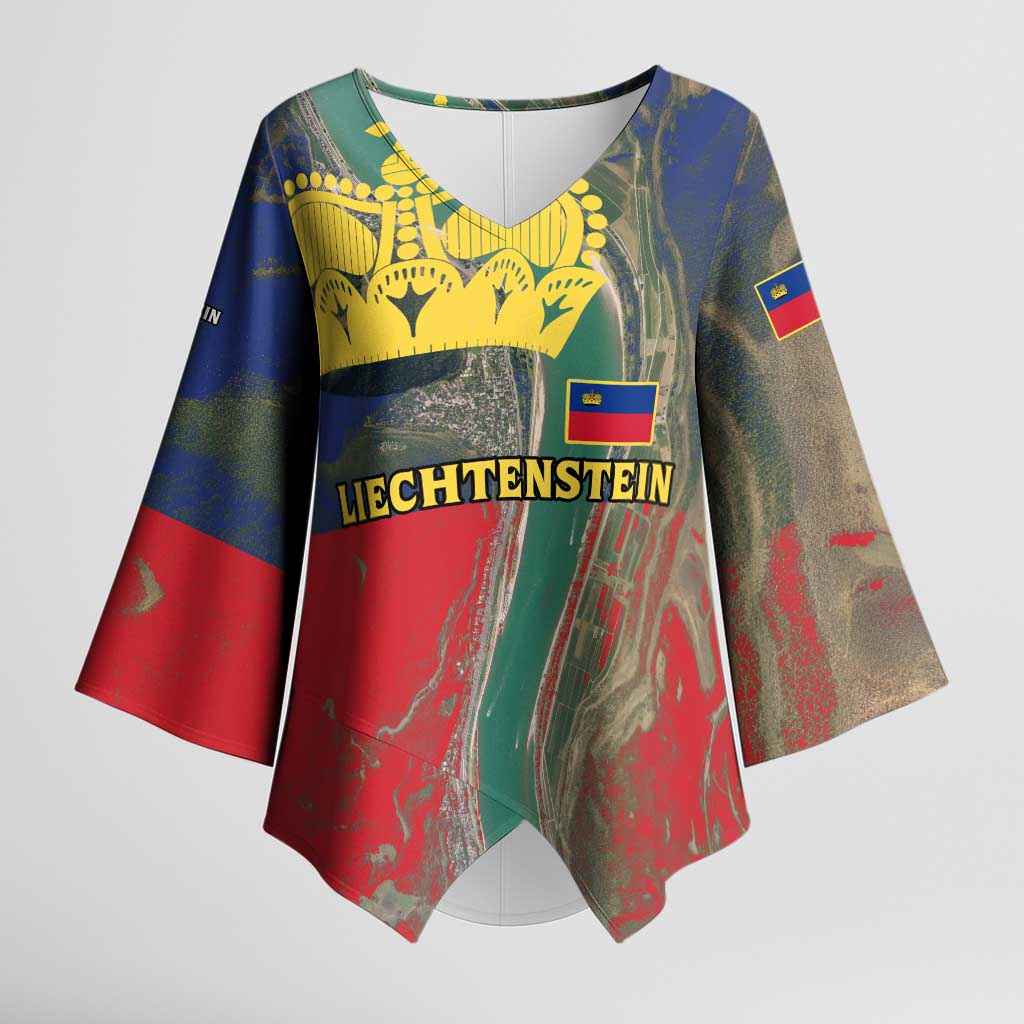 Liechtenstein Kimono Sleeve Blouse with Red Blue Aerial River Design and Yellow Crown Emblem - Wonder Print Shop