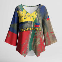 Liechtenstein Kimono Sleeve Blouse with Red Blue Aerial River Design and Yellow Crown Emblem - Wonder Print Shop