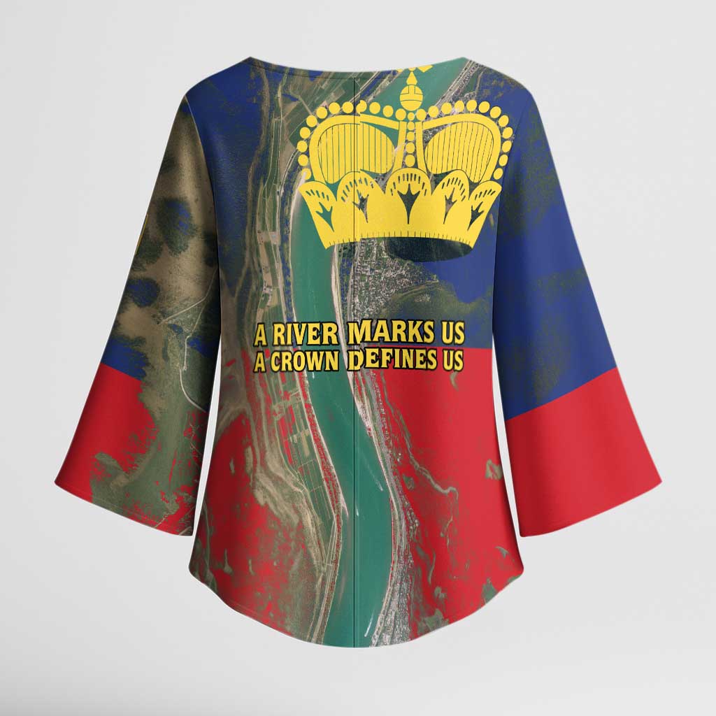 Liechtenstein Kimono Sleeve Blouse with Red Blue Aerial River Design and Yellow Crown Emblem - Wonder Print Shop