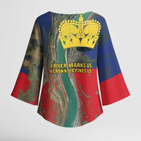 Liechtenstein Kimono Sleeve Blouse with Red Blue Aerial River Design and Yellow Crown Emblem - Wonder Print Shop