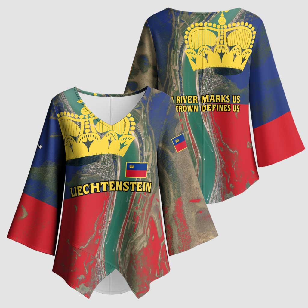 Liechtenstein Kimono Sleeve Blouse with Red Blue Aerial River Design and Yellow Crown Emblem - Wonder Print Shop