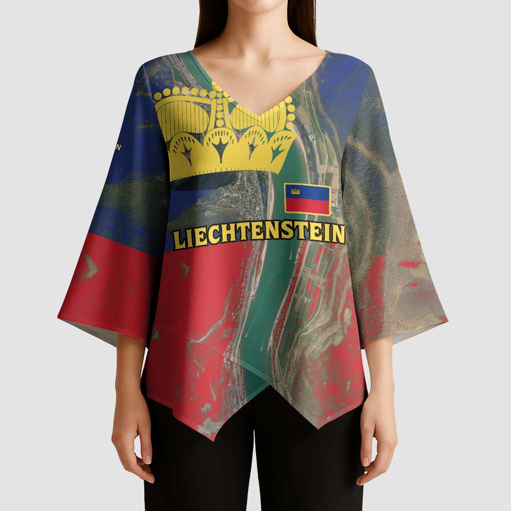 Liechtenstein Kimono Sleeve Blouse with Red Blue Aerial River Design and Yellow Crown Emblem - Wonder Print Shop