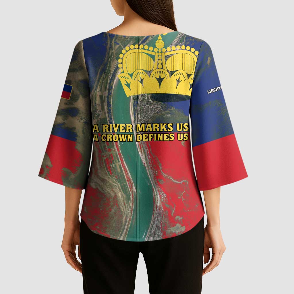 Liechtenstein Kimono Sleeve Blouse with Red Blue Aerial River Design and Yellow Crown Emblem - Wonder Print Shop