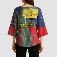 Liechtenstein Kimono Sleeve Blouse with Red Blue Aerial River Design and Yellow Crown Emblem - Wonder Print Shop