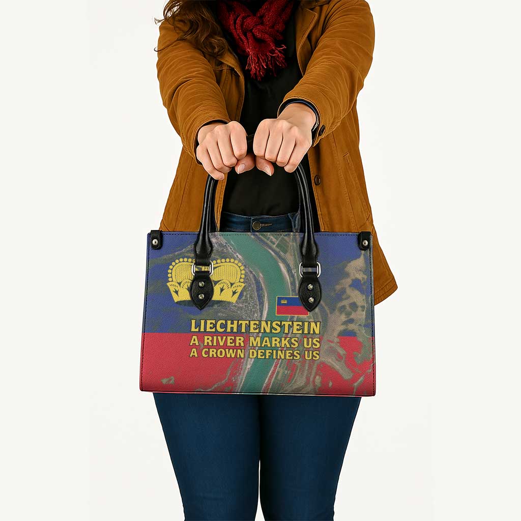 Liechtenstein Leather Bag with Red Blue Aerial River Design and Yellow Crown Emblem - Wonder Print Shop