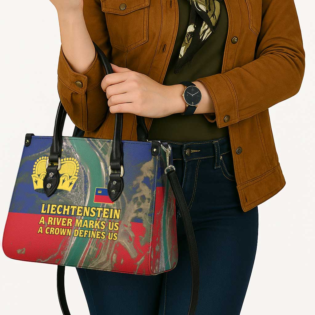 Liechtenstein Leather Bag with Red Blue Aerial River Design and Yellow Crown Emblem - Wonder Print Shop