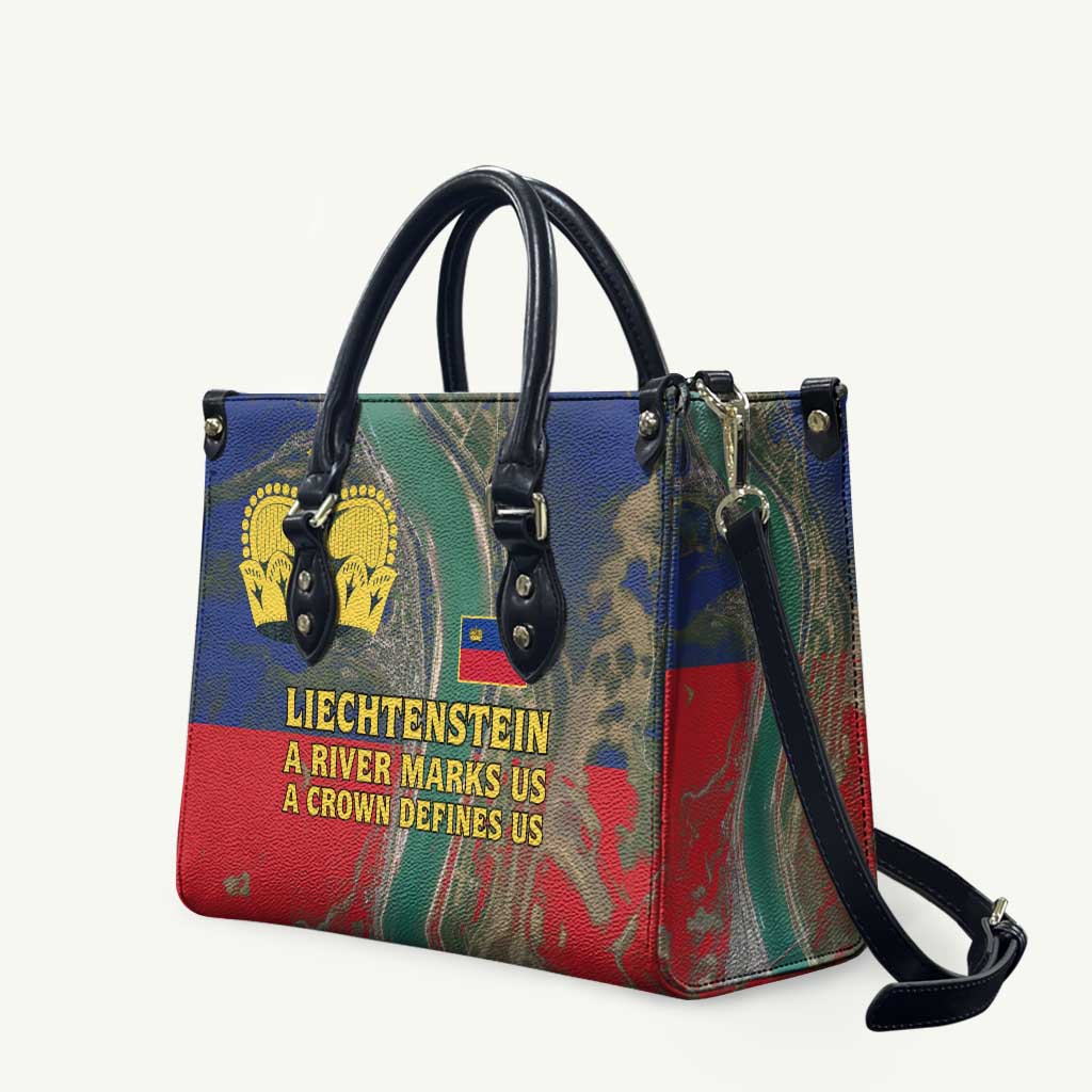 Liechtenstein Leather Bag with Red Blue Aerial River Design and Yellow Crown Emblem - Wonder Print Shop