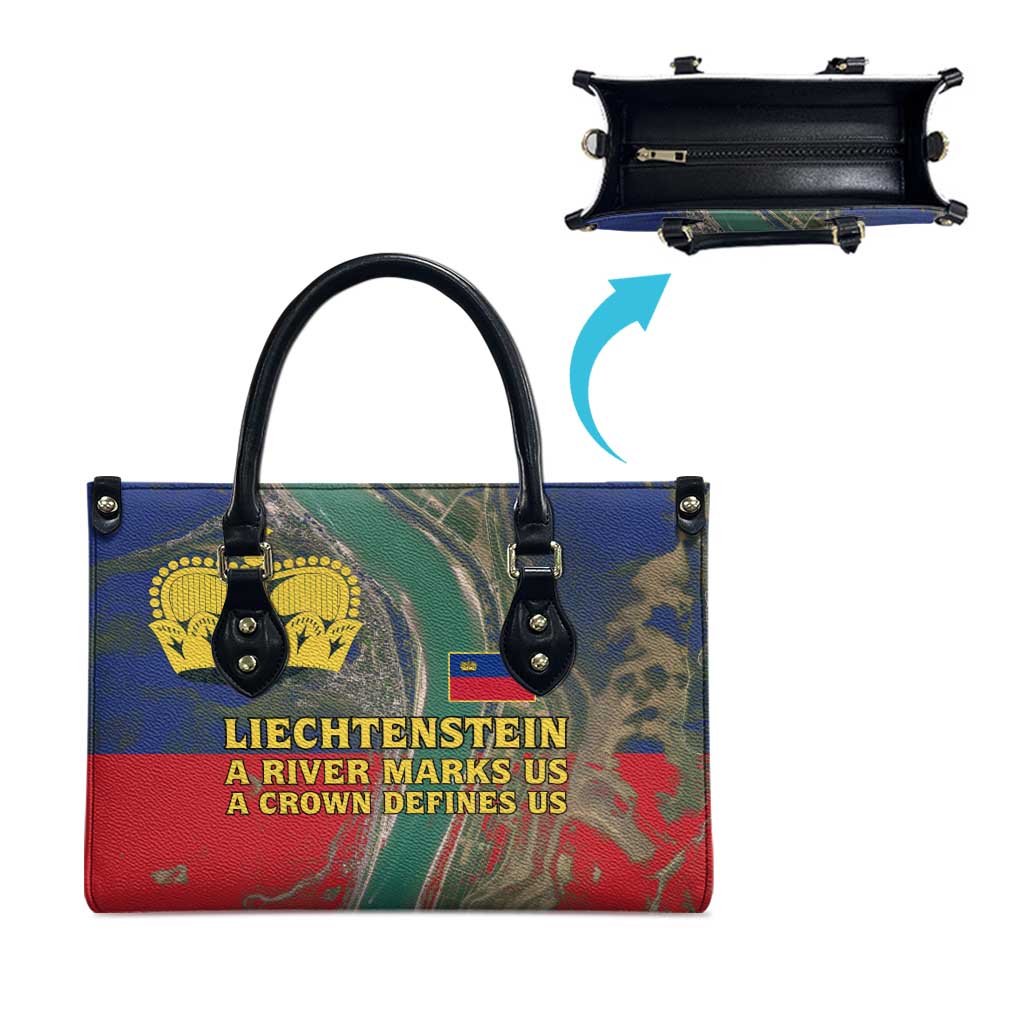 Liechtenstein Leather Bag with Red Blue Aerial River Design and Yellow Crown Emblem - Wonder Print Shop