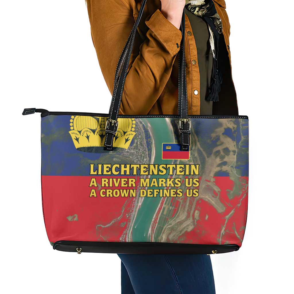 Liechtenstein Leather Tote Bag with Red Blue Aerial River Design and Yellow Crown Emblem - Wonder Print Shop