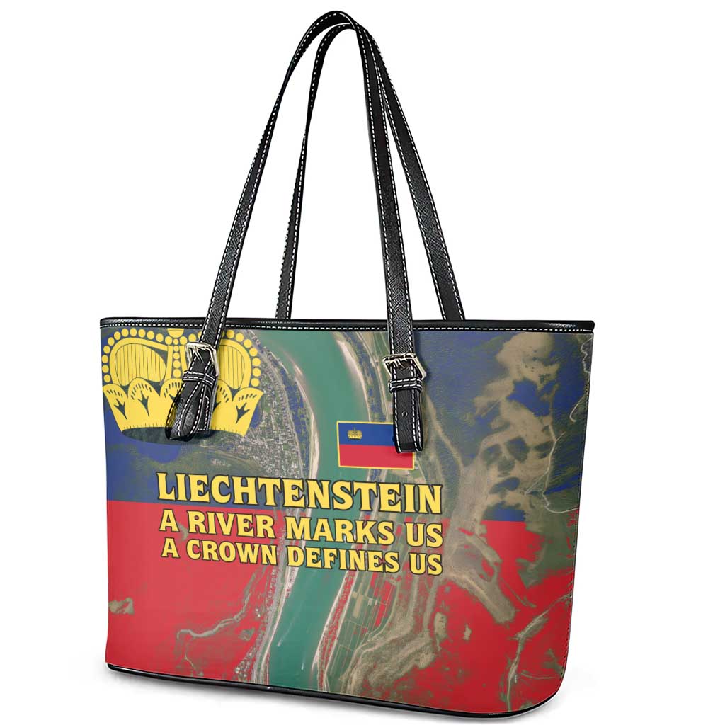 Liechtenstein Leather Tote Bag with Red Blue Aerial River Design and Yellow Crown Emblem - Wonder Print Shop