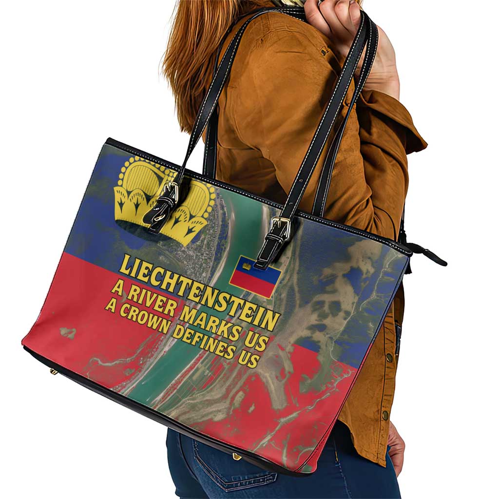 Liechtenstein Leather Tote Bag with Red Blue Aerial River Design and Yellow Crown Emblem - Wonder Print Shop