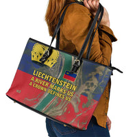 Liechtenstein Leather Tote Bag with Red Blue Aerial River Design and Yellow Crown Emblem - Wonder Print Shop