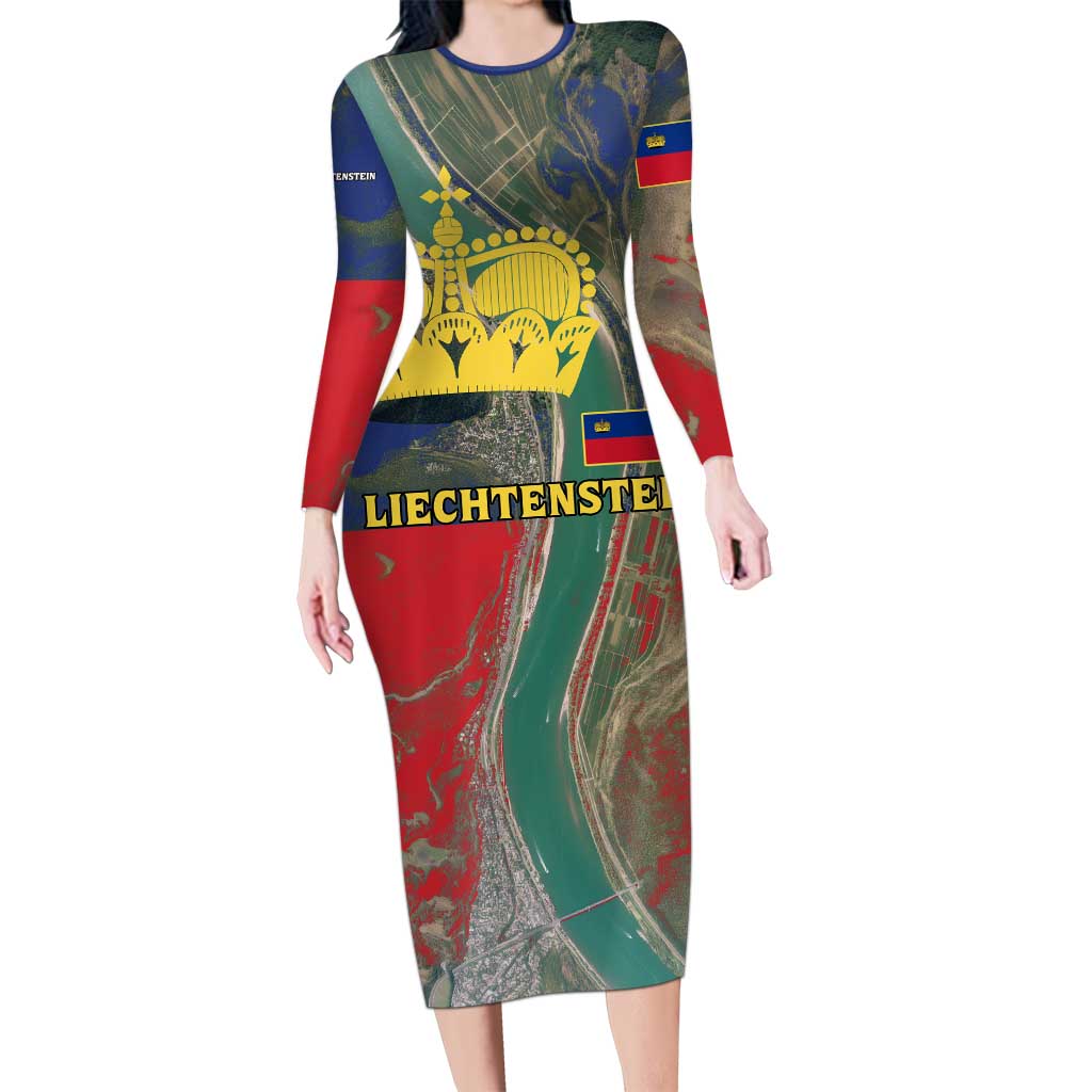 Liechtenstein Long Sleeve Bodycon Dress with Red Blue Aerial River Design and Yellow Crown Emblem - Wonder Print Shop