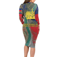 Liechtenstein Long Sleeve Bodycon Dress with Red Blue Aerial River Design and Yellow Crown Emblem - Wonder Print Shop