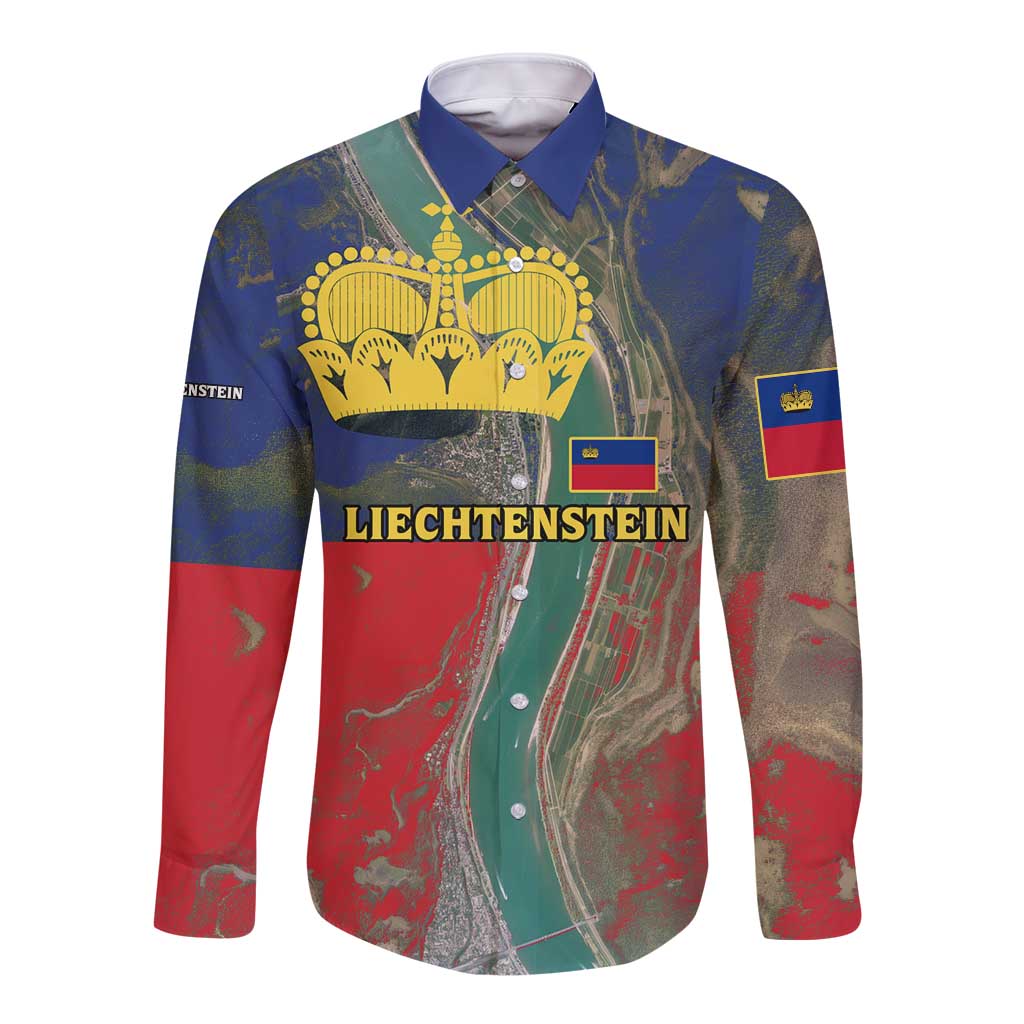 Liechtenstein Long Sleeve Button Shirt with Red Blue Aerial River Design and Yellow Crown Emblem - Wonder Print Shop