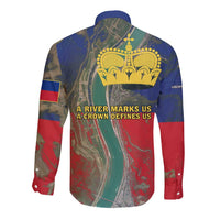 Liechtenstein Long Sleeve Button Shirt with Red Blue Aerial River Design and Yellow Crown Emblem - Wonder Print Shop