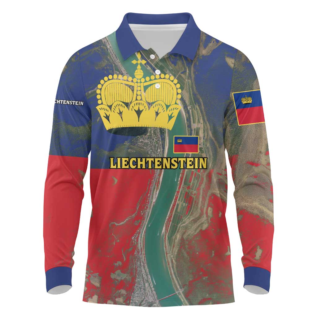 Liechtenstein Long Sleeve Polo Shirt with Red Blue Aerial River Design and Yellow Crown Emblem - Wonder Print Shop