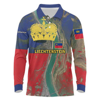 Liechtenstein Long Sleeve Polo Shirt with Red Blue Aerial River Design and Yellow Crown Emblem - Wonder Print Shop