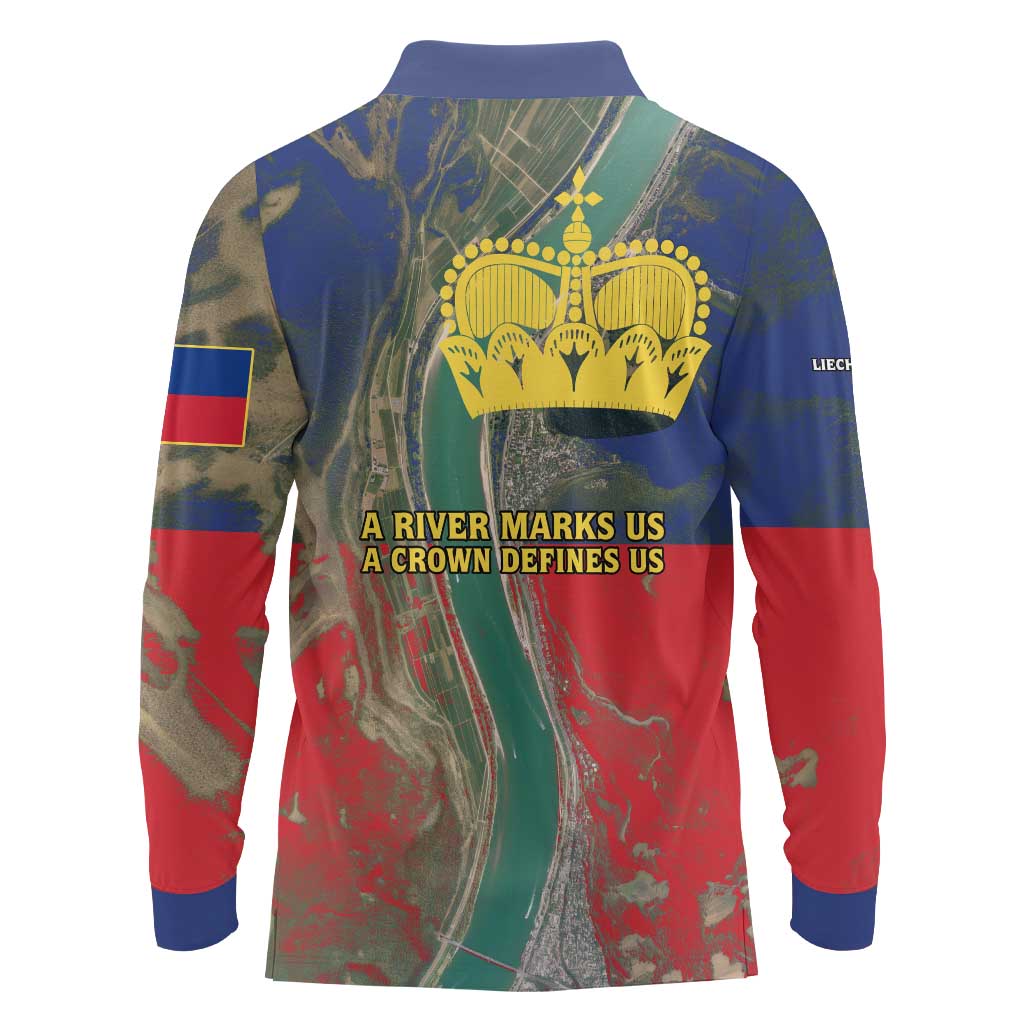 Liechtenstein Long Sleeve Polo Shirt with Red Blue Aerial River Design and Yellow Crown Emblem - Wonder Print Shop